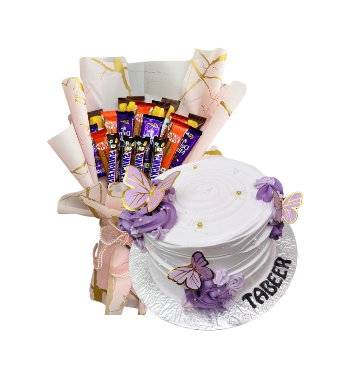 Chocolate bouquet with customized butterfly birthday cake by Timeless Wrap