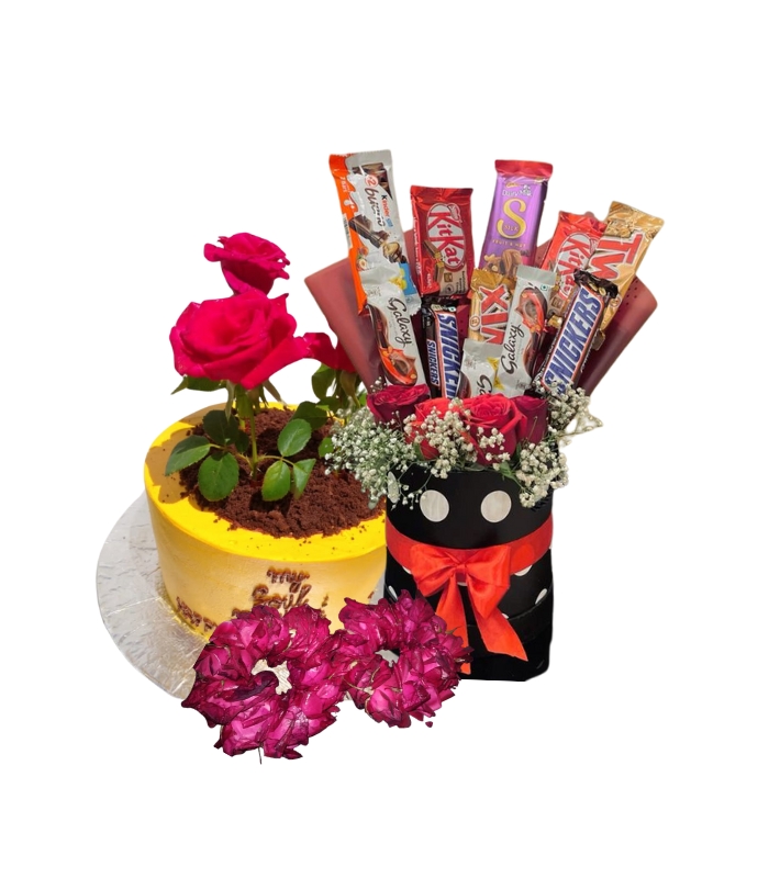 Combo gift with cake, bouquet and chocolates by Timeless Wrap