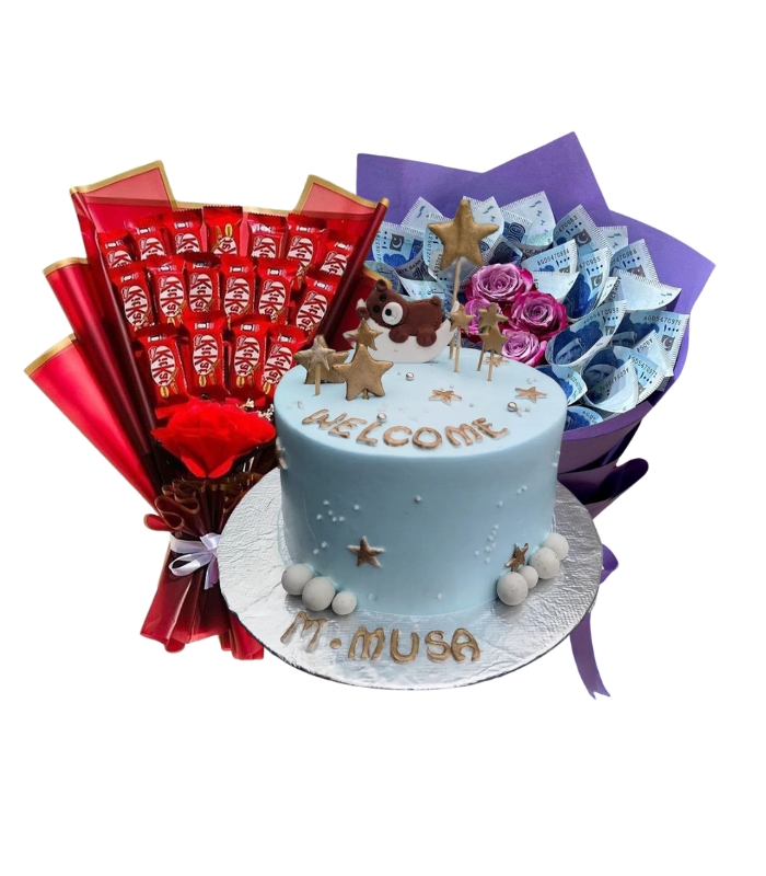 Customized cake with chocolate and money bouquet by Timeless Wrap