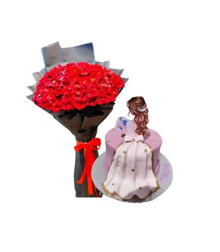 Princess cake with red rose bouquet by Timeless Wrap