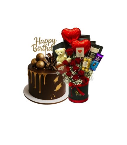 Red roses bouquet with chocolate birthday cake by Timeless Wrap