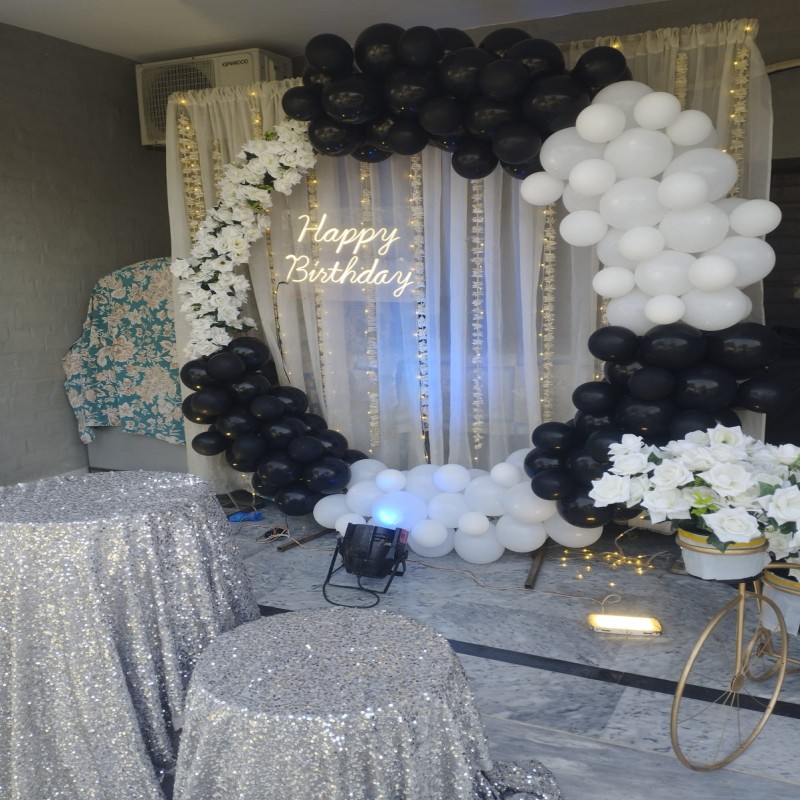 Elegant black and white theme party decoration by Timeless Wrap