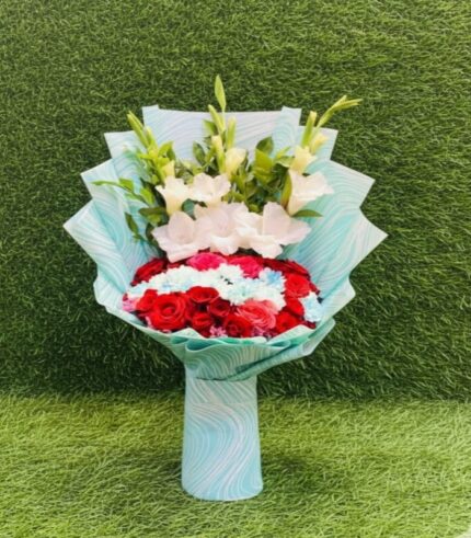 Red Roses and White Gladiolus Flower Bouquet from Timeless Wrap Gift Shop, Haripur, Pakistan – Fresh Hand-Arranged Bouquet for Birthday, Anniversary, or Special Occasion