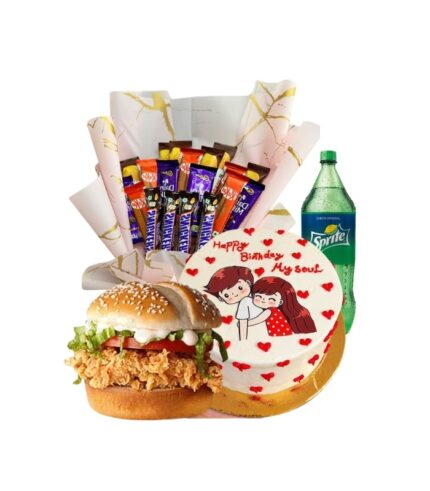 Birthday burger gift deal with cake chocolates and sprite drink