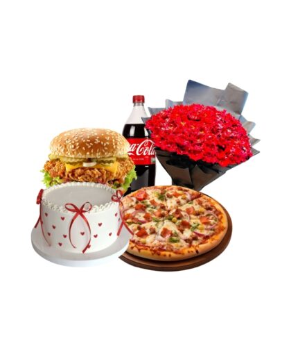 Grand Celebration Surprise Combo with pizza, burger, cake, red roses bouquet and cold drink by Timeless Wrap