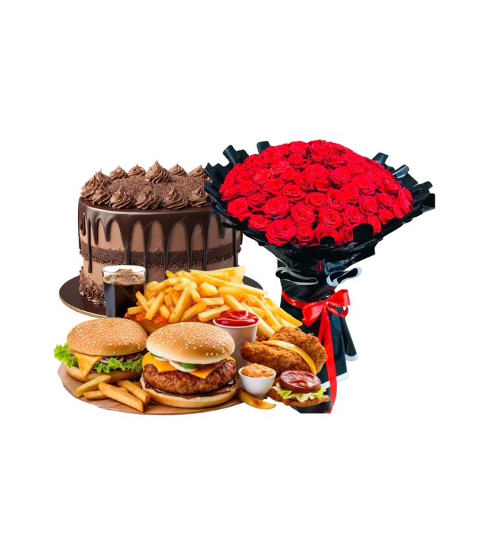 Luxury love feast combo with red rose bouquet, chocolate cake, burgers, fries and fried chicken