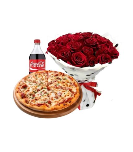 Red rose bouquet with large cheesy pizza and one liter soft drink combo