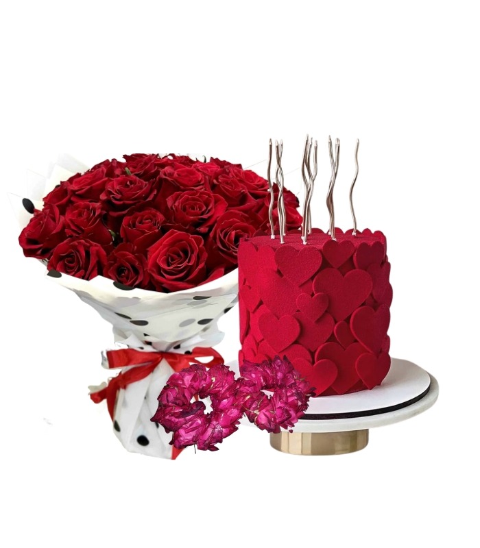 Valentine’s Day Special Deals red roses bouquet with heart cake romantic gift in Haripur