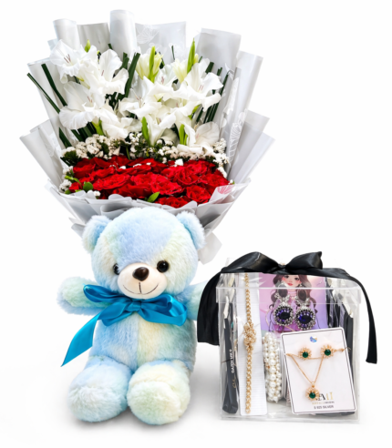 Elegant Bouquet with Teddy Bear & Jewelry Gift Set