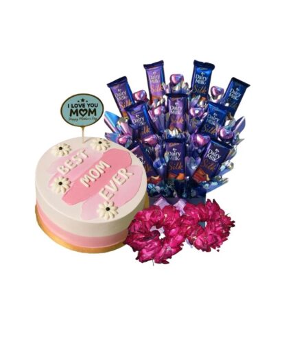 Best Mom Chocolate Combo with Dairy Milk Silk bouquet and Best Mom Ever cake by Timeless Wrap