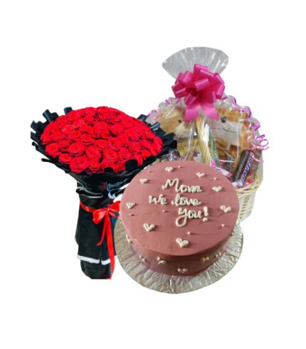 Mom Love Combo with red roses bouquet cake and gift basket by Timeless Wrap