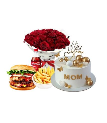 Mom Special Combo with roses bouquet MOM cake burger fries and drink by Timeless Wrap