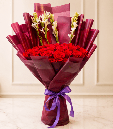 Luxury Red Rose Bouquet with Burgundy Wrapping and Purple Ribbon