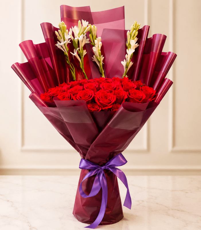 Luxury Red Rose Bouquet with Burgundy Wrapping and Purple Ribbon