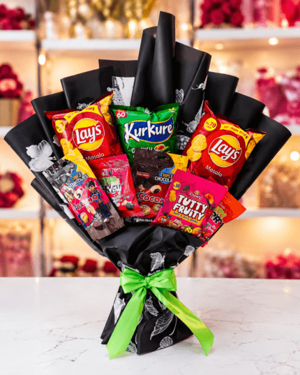 Premium Snack Bouquet with Lay's chips, Kurkure, chocolates, candies, and elegant black wrapping by Timeless Wrap.