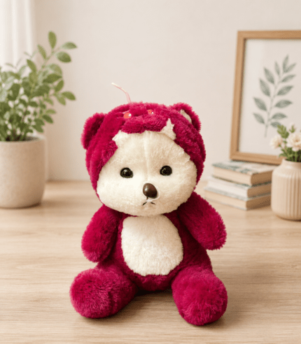 Cute Maroon Teddy Bear Plush Toy with Animal Hoodie Soft Stuffed Teddy Gift for Kids in Pakistan