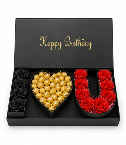 Luxury Birthday Chocolate Rose Gift Box with Heart Chocolates and Red Roses