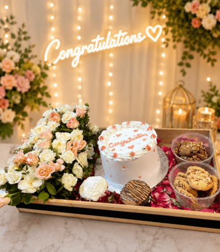 Luxury Congratulations Gift Tray featuring a white celebration cake, fresh peach and white flowers, gourmet cookies, cupcakes, rose petals, and an elegant wooden tray for graduation, promotion, engagement, and milestone celebrations.