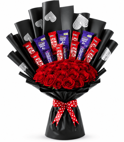 Luxury red rose chocolate bouquet with KitKat bars and Cadbury Dairy Milk chocolates wrapped in elegant black heart-print paper, perfect for birthdays, anniversaries, Valentine's Day, and romantic gifts.