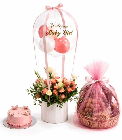 Welcome Baby Girl gift hamper featuring a fresh flower arrangement, welcome balloon, premium dry fruit basket with walnuts and assorted nuts, and a celebration cake, beautifully presented for a newborn baby gift.Welcome Baby Girl gift hamper featuring a fresh flower arrangement, welcome balloon, premium dry fruit basket with walnuts and assorted nuts, and a celebration cake, beautifully presented for a newborn baby gift.