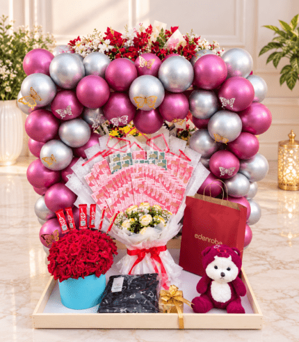 Luxury balloon basket gift with money bouquet, chocolates, roses and teddy bear Pakistan by TimelessWrap