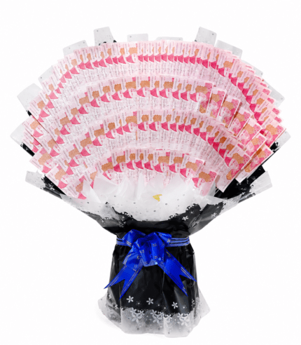 Luxury Pakistani cash bouquet with currency notes, black wrapping and blue ribbon