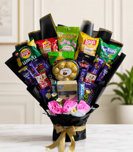 Luxury chocolate and snack bouquet with Cadbury chocolates, Lay's chips, Kurkure, flowers and black premium wrapping by TimelessWrap