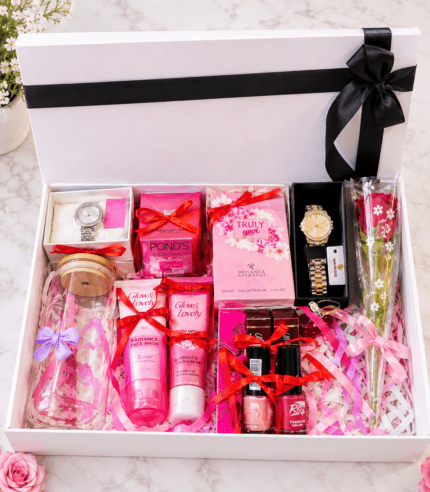 Luxury girls surprise gift box with perfume, watches, skincare and rose by TimelessWrap Pakistan