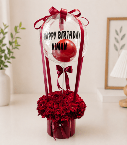Luxury Personalized Bubble Balloon Flower Box with Red Flowers Birthday Gift Pakistan | TimelessWrap