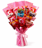 Luxury pink snack and chocolate bouquet with chips and sweets