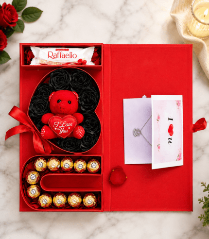 Luxury Romantic Gift Box with Teddy Bear, Chocolates, Roses and Jewelry Holder by TimelessWrap Pakistan