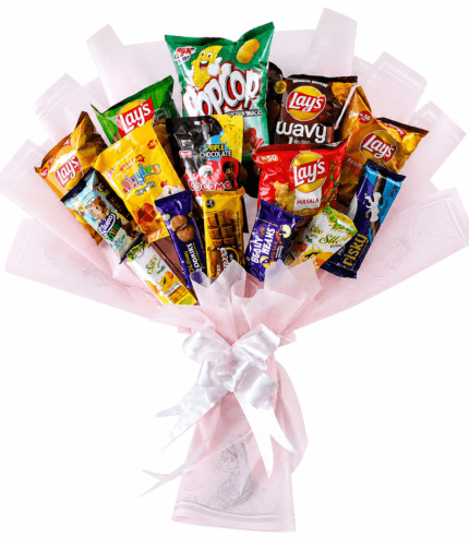 Luxury snack and chocolate bouquet with chips and treats in pink wrapping