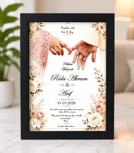 Personalized Nikkah Mubarak Photo Frame with Couple Names and Floral Wedding Design by TimelessWrap Pakistan