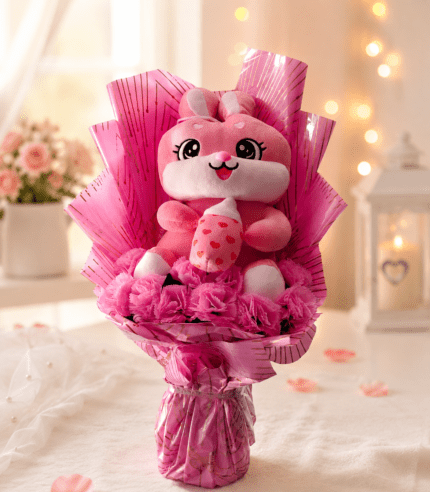 Pink bunny bouquet with flowers and gift wrapping in Pakistan