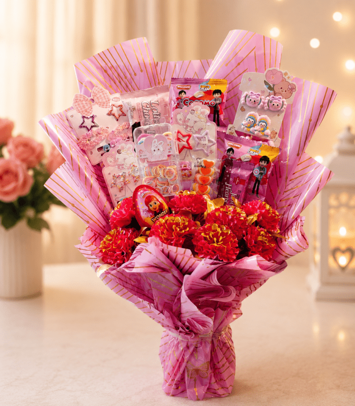 Pink gift bouquet with flowers treats and accessories in Pakistan