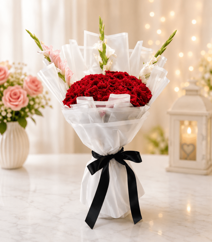 Red flower bouquet with white wrapping and black ribbon in Pakistan