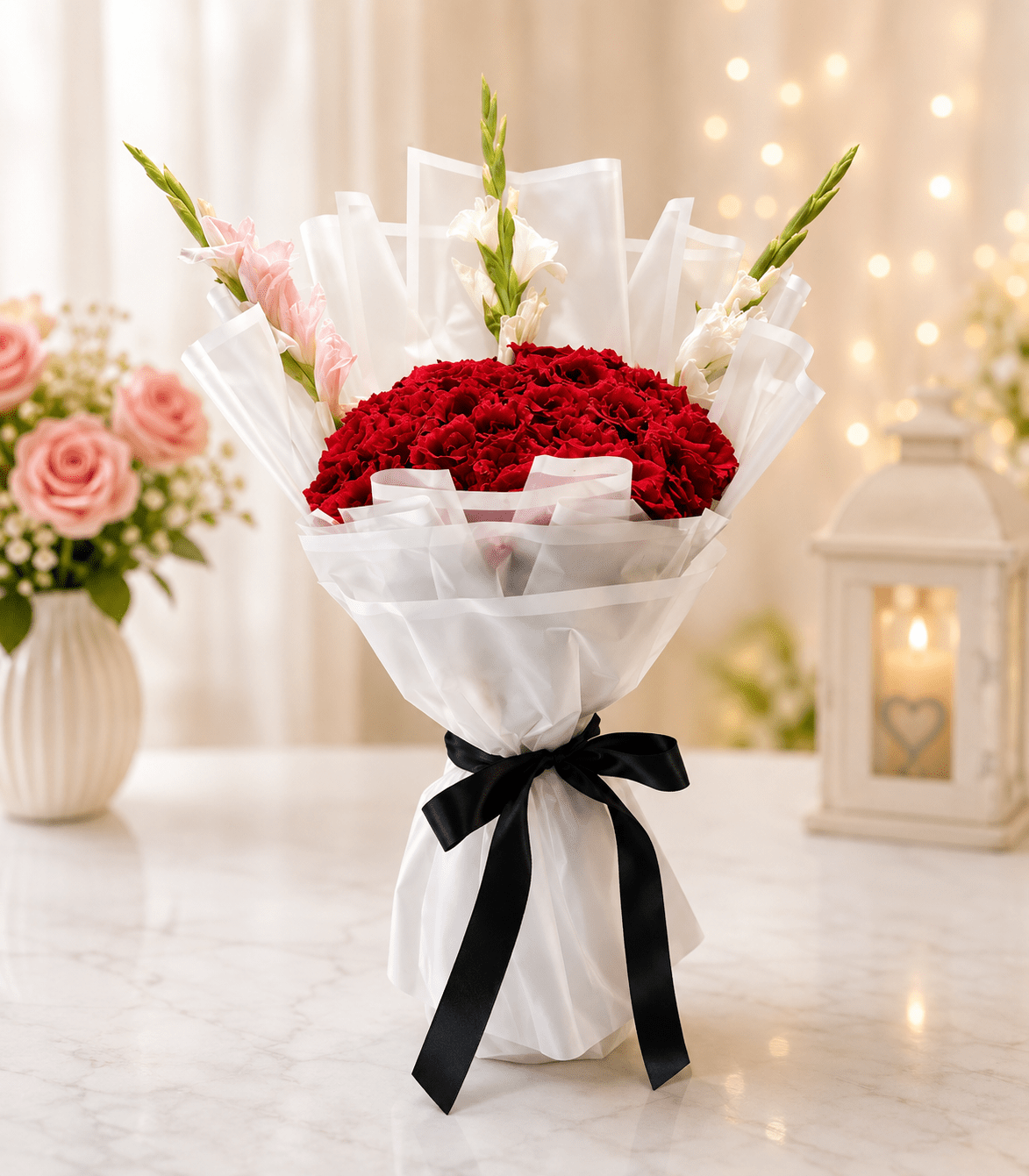 Red Flower Bouquet – TimelessWrap Red flower bouquet with white wrapping and black ribbon in Pakistan