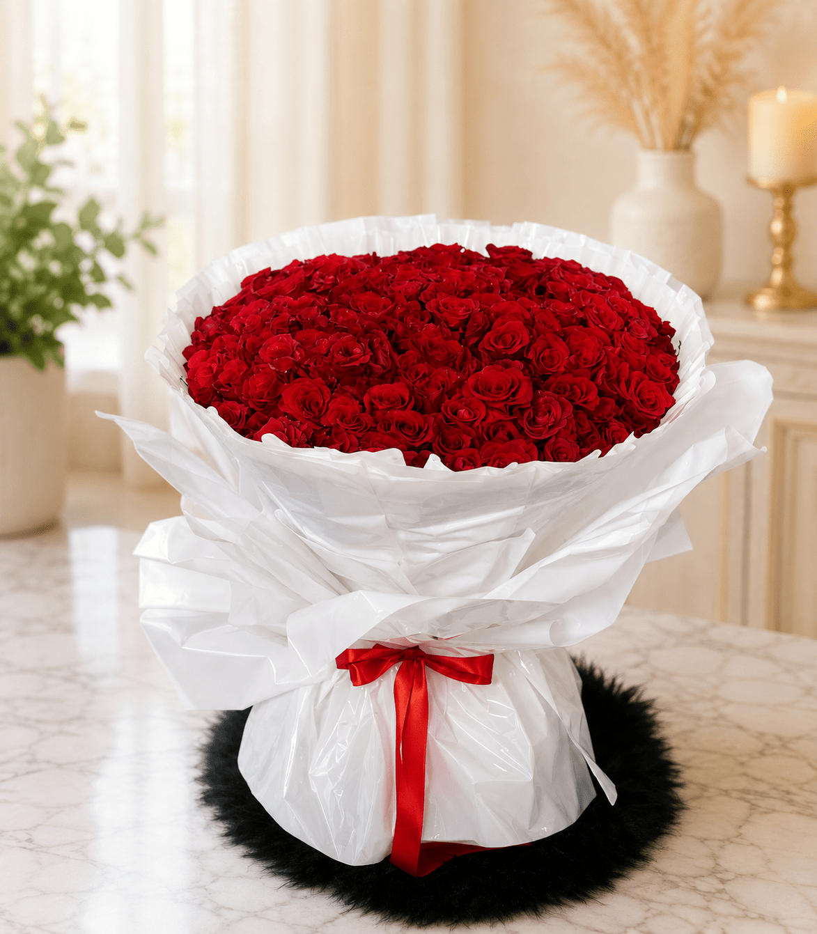 Red Rose Bouquet – Elegant Red Roses Gift for Special Occasions Red rose bouquet with white wrapping and red ribbon in Pakistan