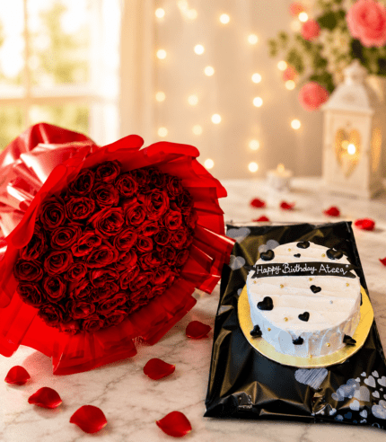 Red rose bouquet with birthday cake gift combo in Pakistan
