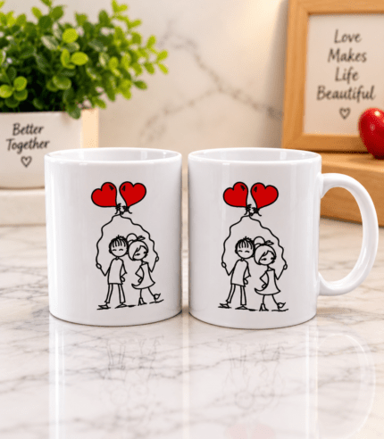 Romantic Couple Ceramic Mug with Heart Balloon Love Design by TimelessWrap Pakistan