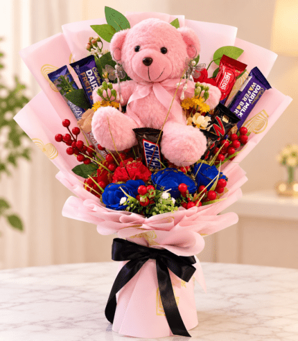 TimelessWrap pink teddy chocolate bouquet with flowers and chocolates gift arrangement Pakistan