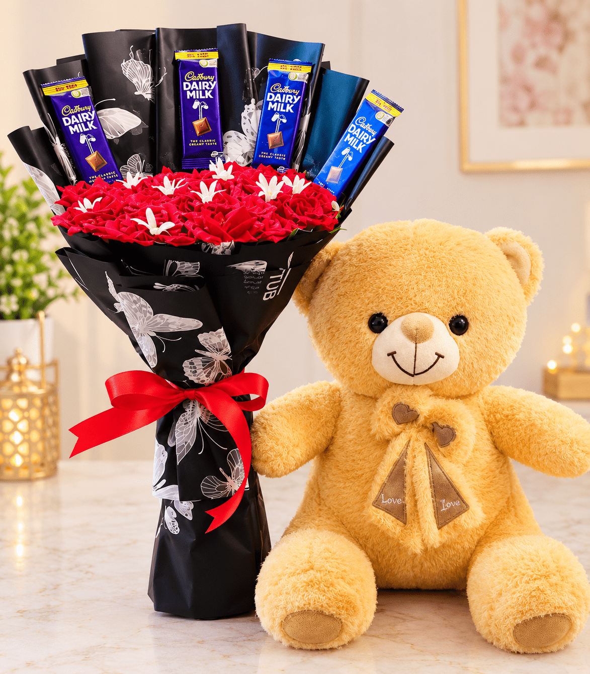 TimelessWrap Teddy & Chocolate Bouquet Combo – Luxury Gift Set TimelessWrap teddy bear with chocolate bouquet combo gift Pakistan