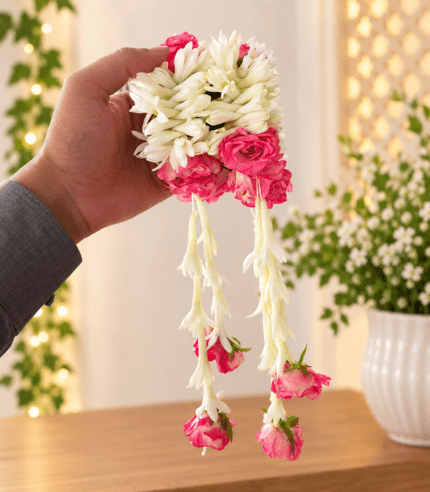 TimelessWrap tuberose pink rose gajra floral hair garland Pakistan wedding mehndi accessory